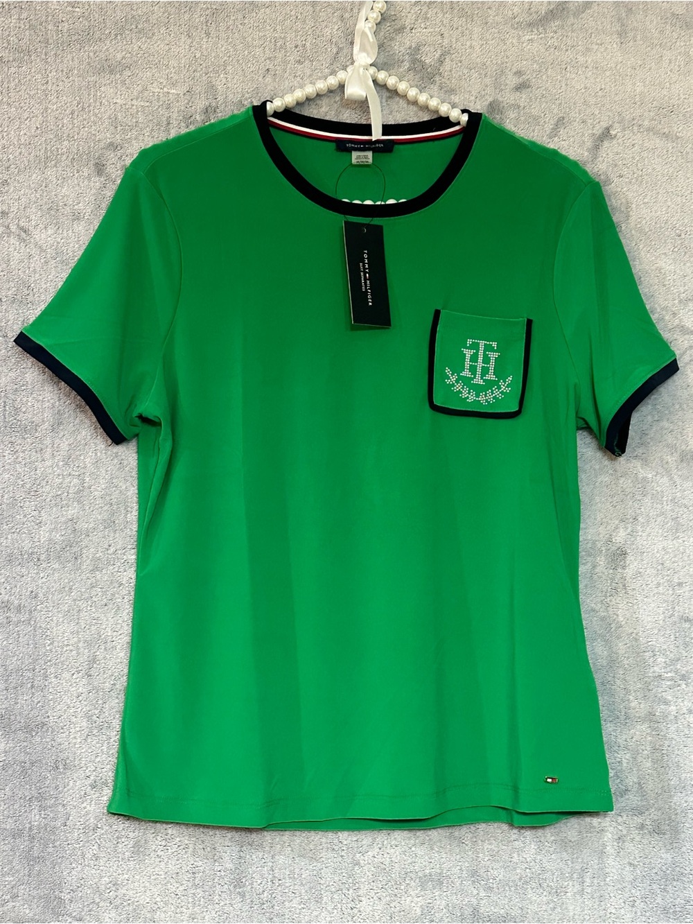 Tommy Hilfiger Emerald Green Tee with Navy Trim and Embellished Pocket